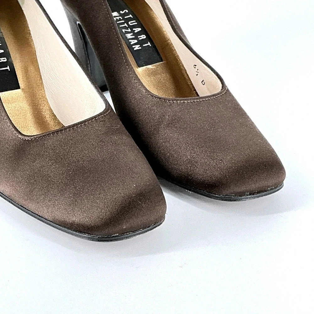 Stuart Weitzman Size 6.5 Brown Satin Square Toe Block Heel Pumps